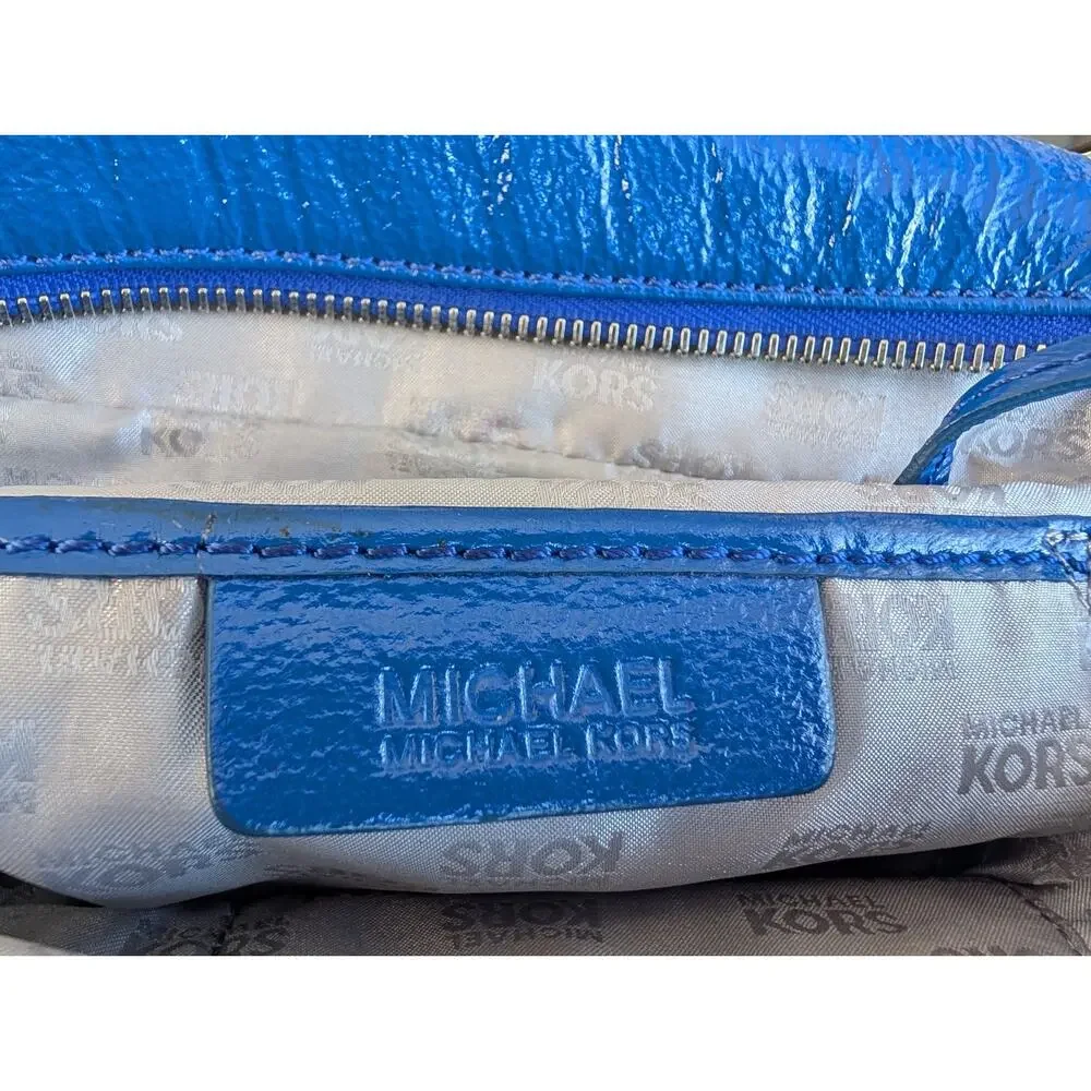 Michael Kors Royal Blue Patent Leather Ranger Satchel Purse Large Silver Y2K